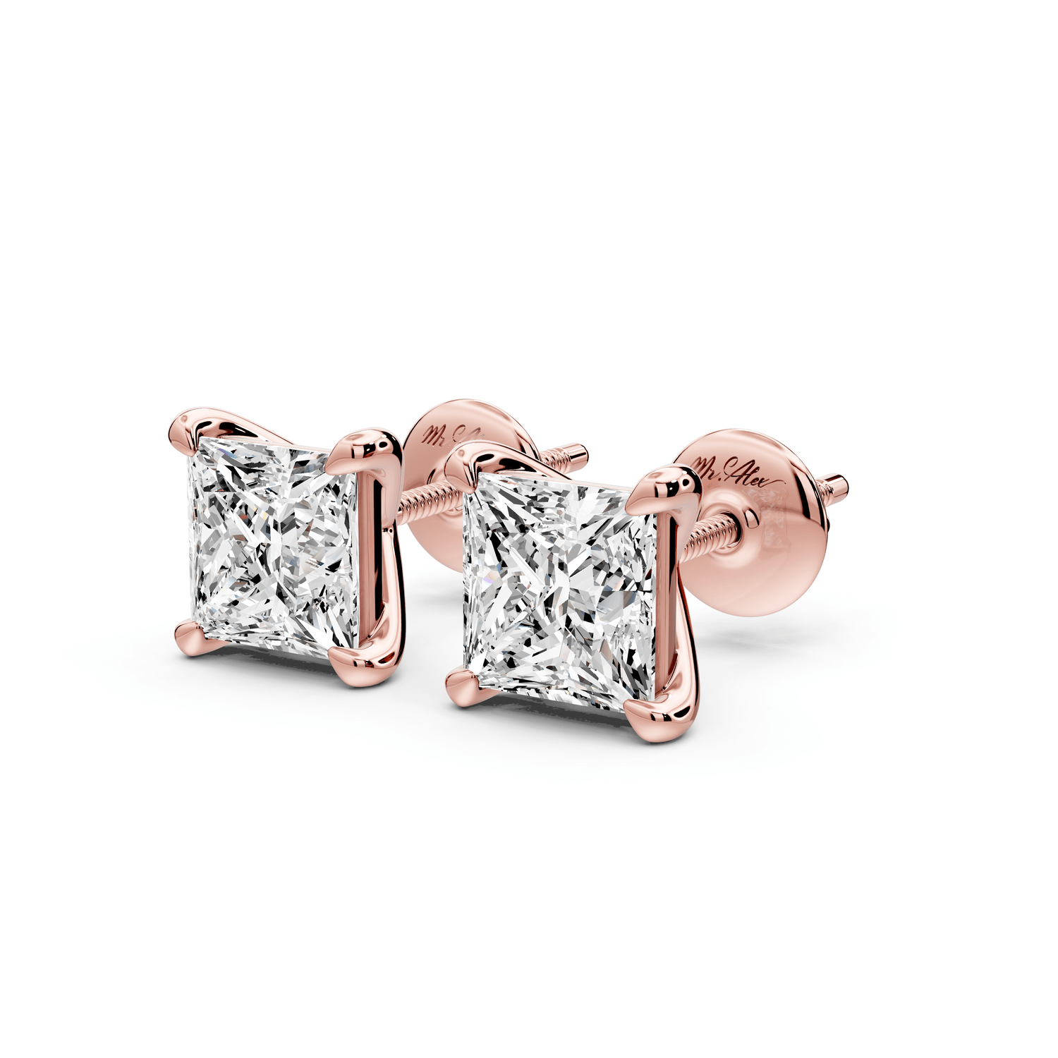 Aura - 3ct 14k rose gold Princess - Cut Diamond Stud Earrings - Mr. Alex Jewelry