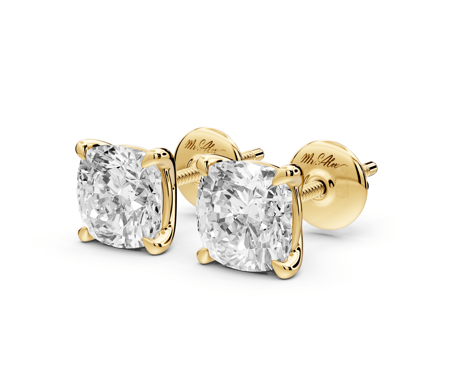 Aura - 3ct 14k yellow gold Cushion - Cut Diamond Stud Earrings - Mr. Alex Jewelry