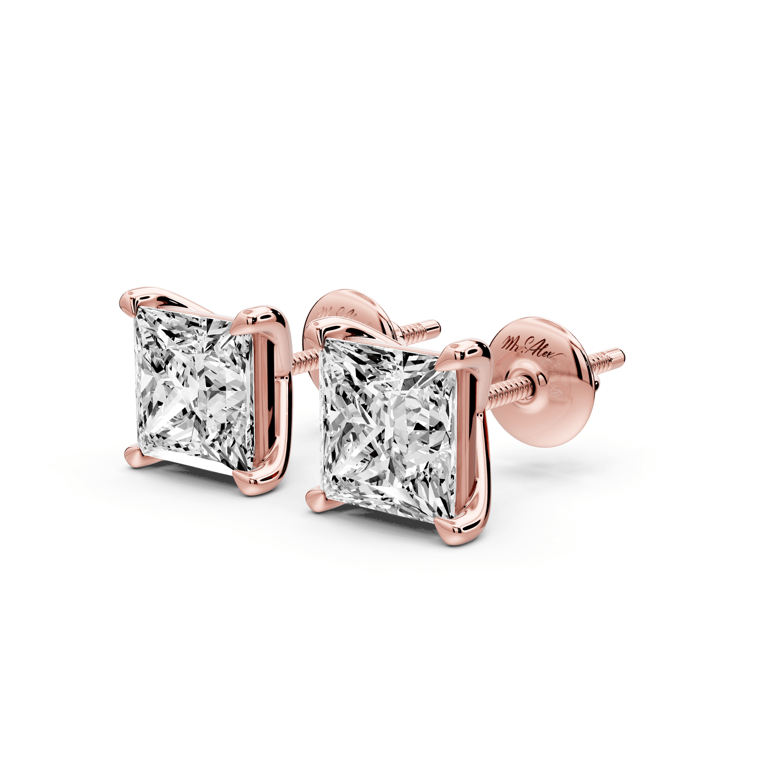Aura - 4ct 14k rose gold Princess - Cut Diamond Stud Earrings - Mr. Alex Jewelry