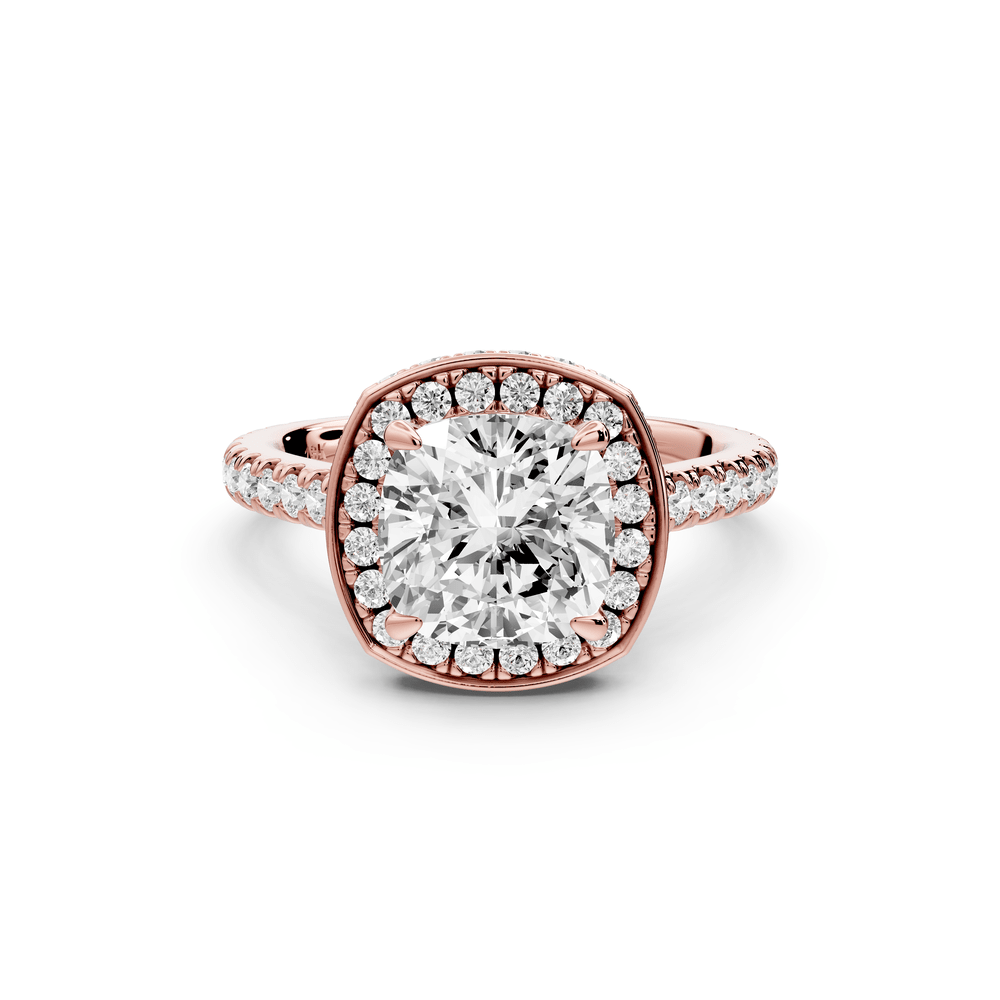 Beatrice - 2ct 14k rose gold cushion stone in rollover halo with diamond bridge and pavé engagement ring - Mr. Alex Jewelry
