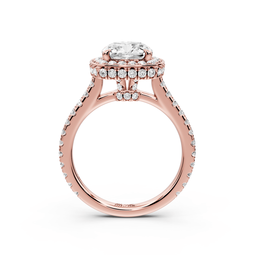 Beatrice - 2ct 14k rose gold cushion stone in rollover halo with diamond bridge and pavé engagement ring - Mr. Alex Jewelry