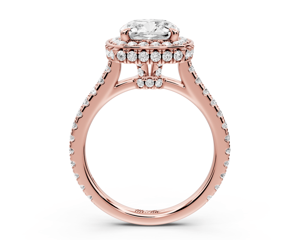 Beatrice - 2ct 14k rose gold cushion stone in rollover halo with diamond bridge and pavé engagement ring - Mr. Alex Jewelry