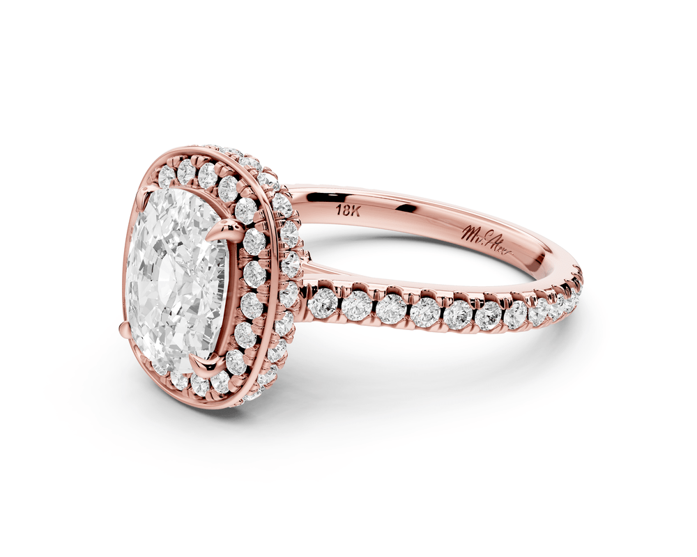 Beatrice - 2ct 14k rose gold ecushion stone in rollover halo with diamond bridge and pavé engagement ring - Mr. Alex Jewelry
