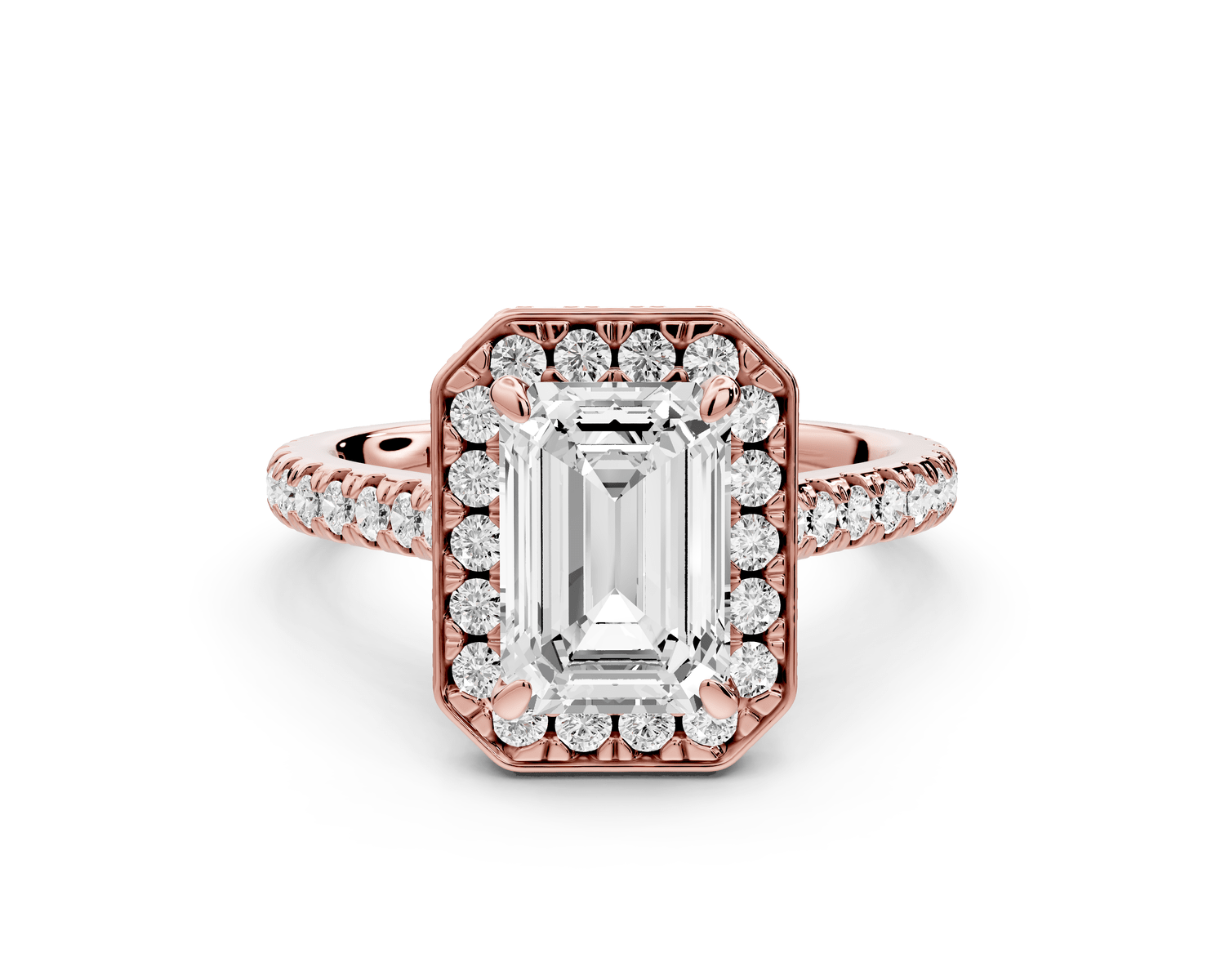 Beatrice - 2ct 14k rose gold emerald stone in rollover halo with diamond bridge and pavé engagement ring - Mr. Alex Jewelry
