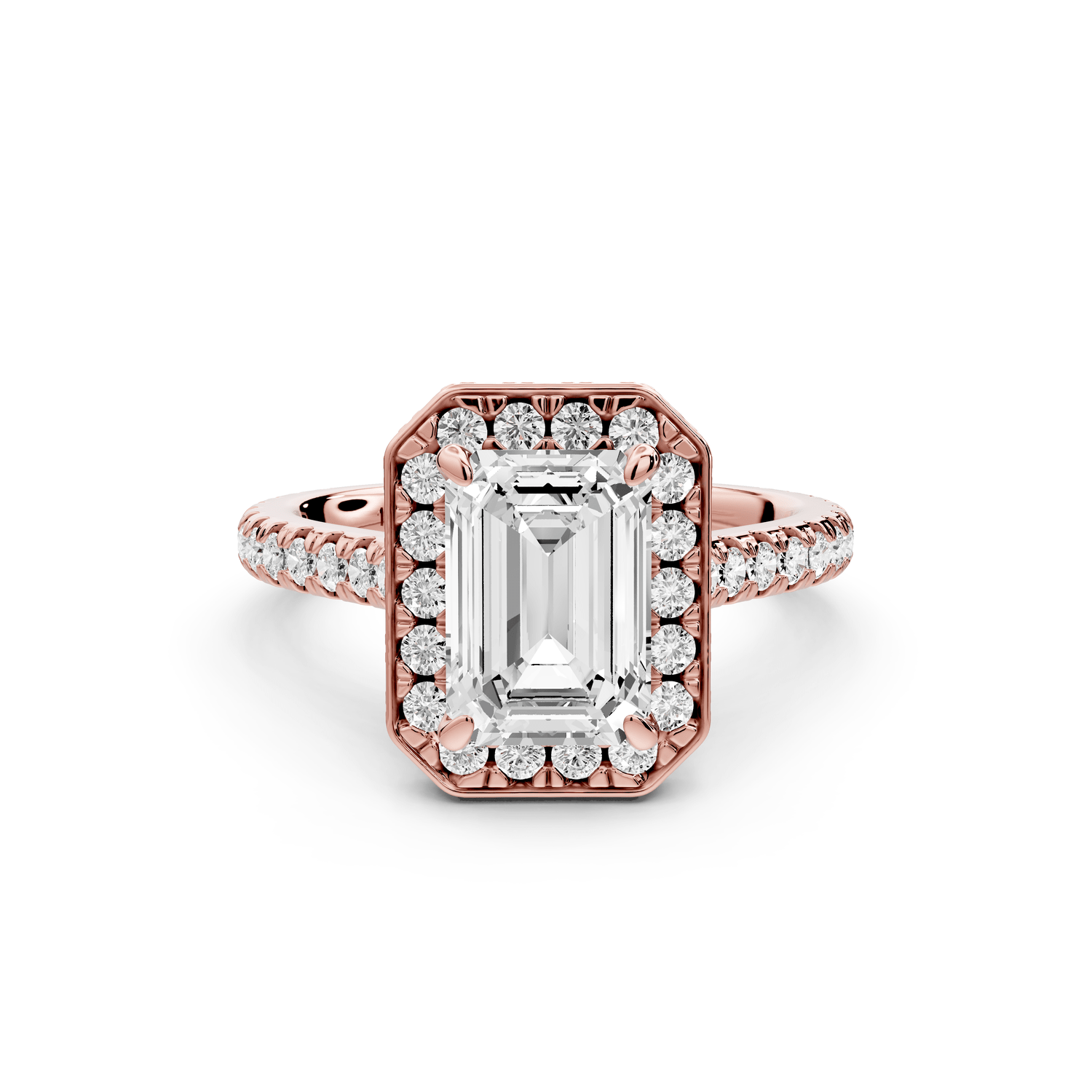 Beatrice - 2ct 14k rose gold emerald stone in rollover halo with diamond bridge and pavé engagement ring - Mr. Alex Jewelry