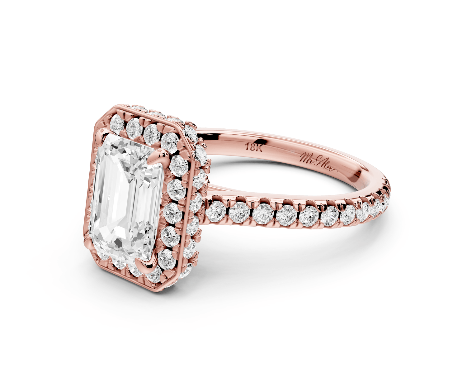 Beatrice - 2ct 14k rose gold emerald stone in rollover halo with diamond bridge and pavé engagement ring - Mr. Alex Jewelry