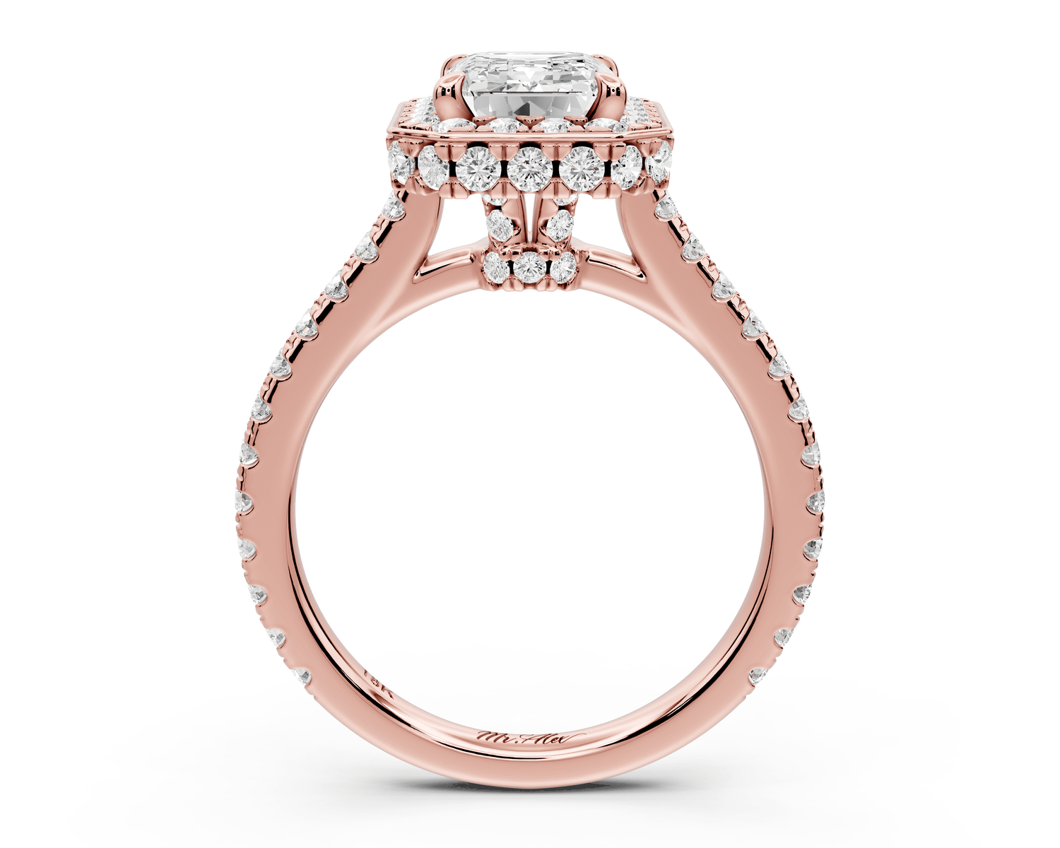Beatrice - 2ct 14k rose gold emerald stone in rollover halo with diamond bridge and pavé engagement ring - Mr. Alex Jewelry