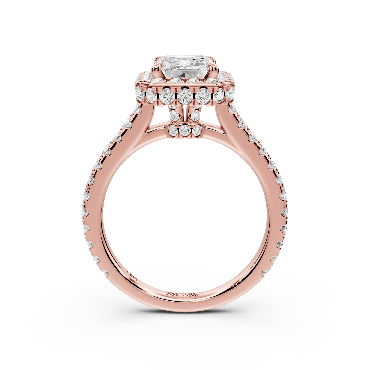 Beatrice - 2ct 14k rose gold emerald stone in rollover halo with diamond bridge and pavé engagement ring - Mr. Alex Jewelry