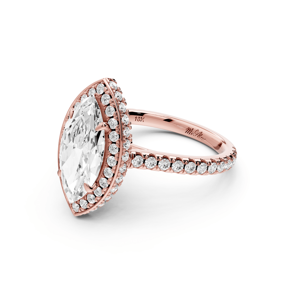 Beatrice - 2ct 14k rose gold marquise stone in rollover halo with diamond bridge and pavé engagement ring - Mr. Alex Jewelry