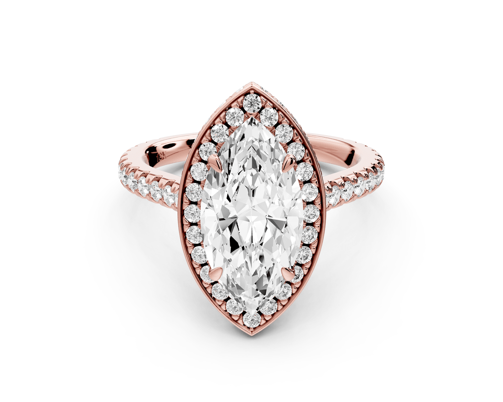 Beatrice - 2ct 14k rose gold marquise stone in rollover halo with diamond bridge and pavé engagement ring - Mr. Alex Jewelry