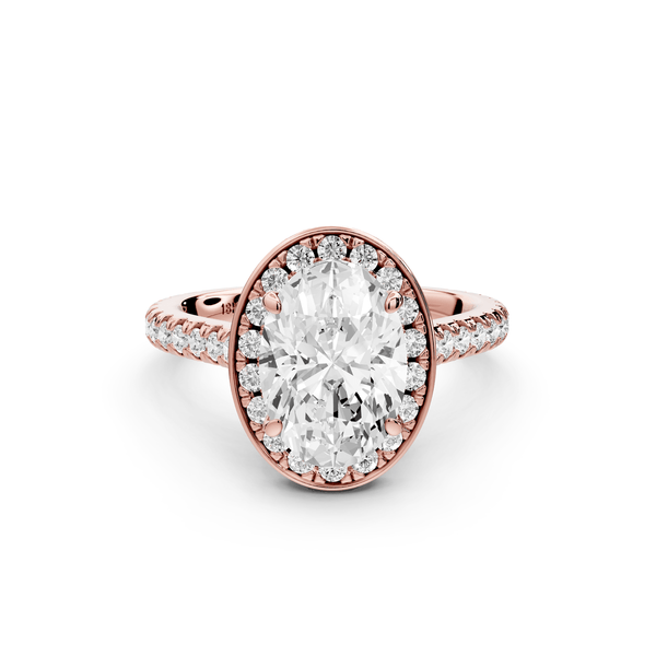 Beatrice - 2ct 14k rose gold oval stone in rollover halo with diamond bridge and pavé engagement ring - Mr. Alex Jewelry
