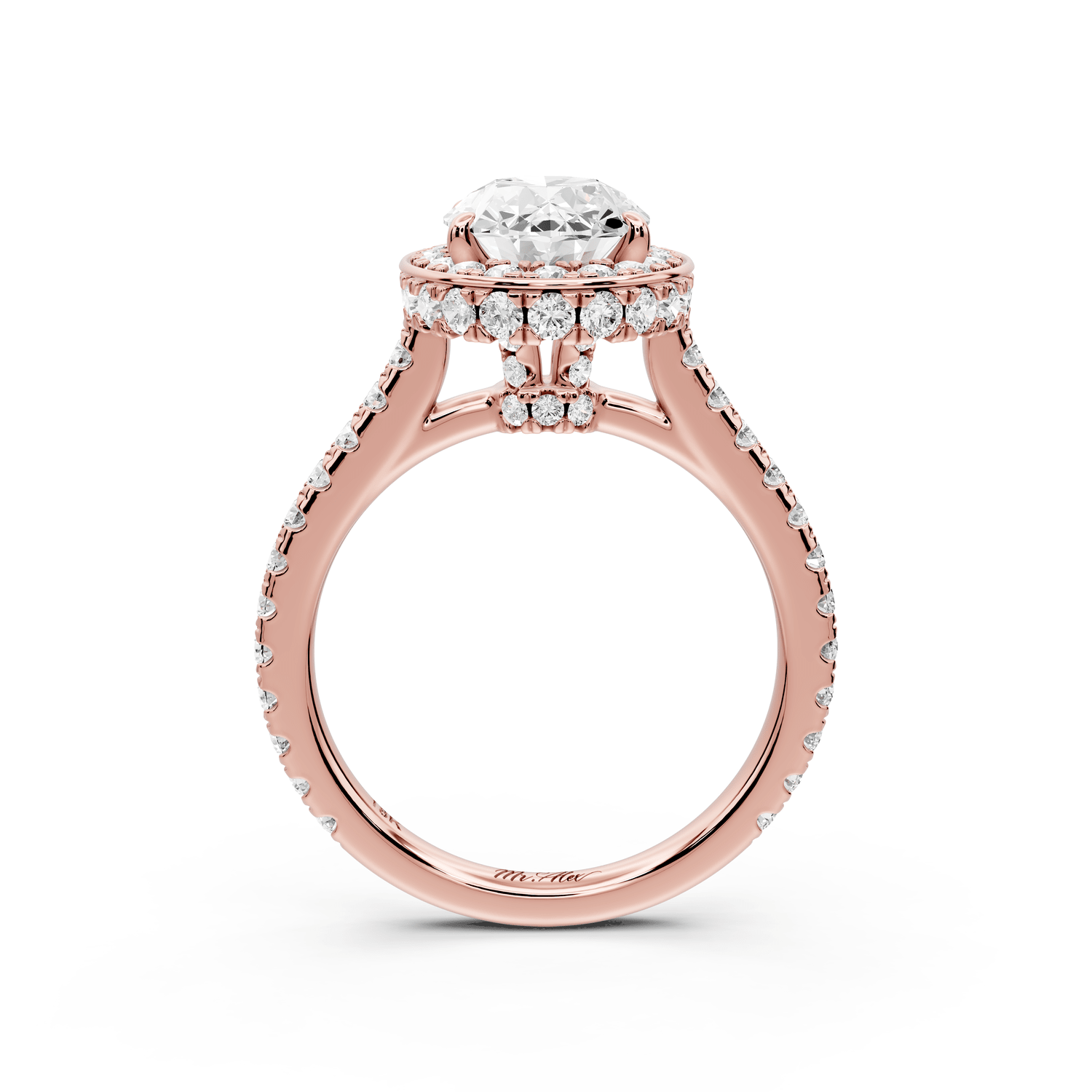Beatrice - 2ct 14k rose gold oval stone in rollover halo with diamond bridge and pavé engagement ring - Mr. Alex Jewelry
