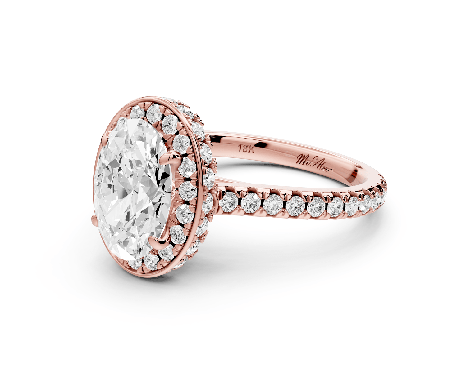 Beatrice - 2ct 14k rose gold oval stone in rollover halo with diamond bridge and pavé engagement ring - Mr. Alex Jewelry