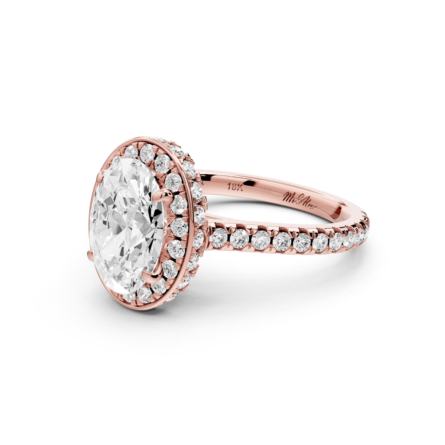 Beatrice - 2ct 14k rose gold oval stone in rollover halo with diamond bridge and pavé engagement ring - Mr. Alex Jewelry