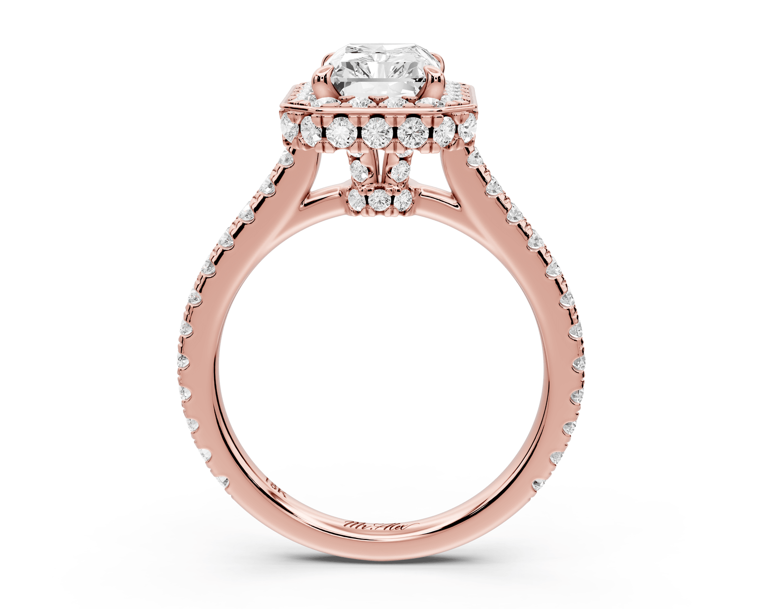 Beatrice - 2ct 14k rose gold radiant stone in rollover halo with diamond bridge and pavé engagement ring - Mr. Alex Jewelry