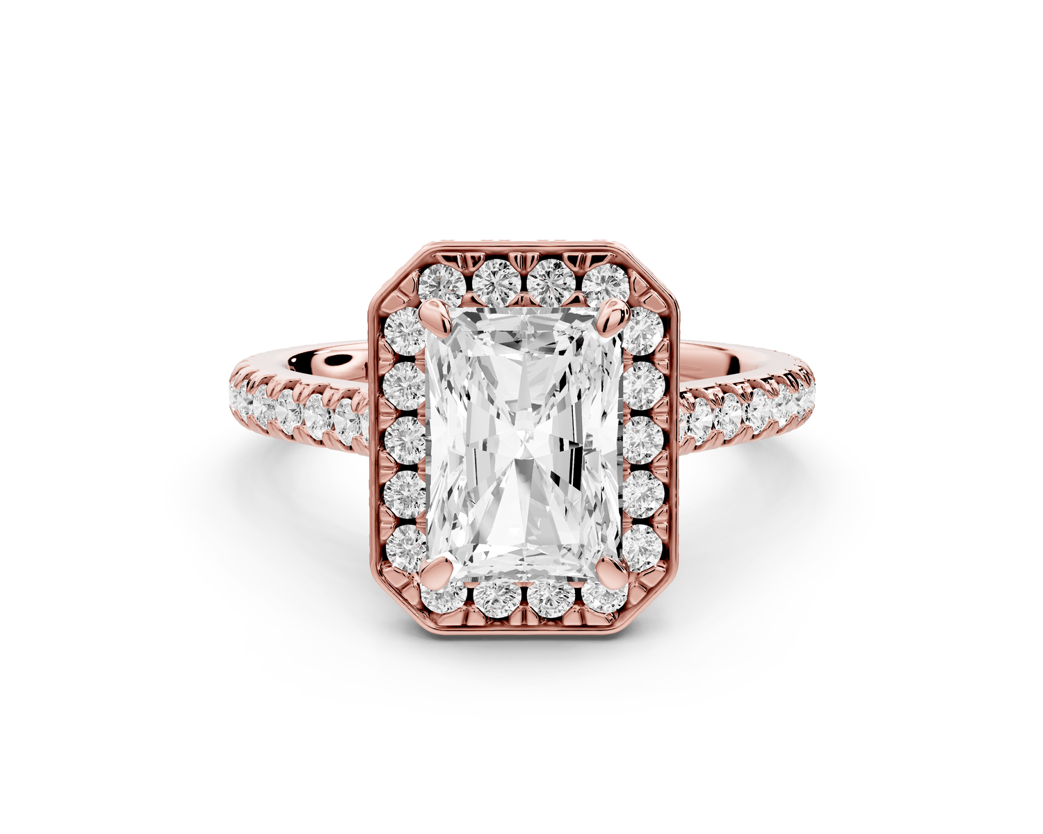 Beatrice - 2ct 14k rose gold radiant stone in rollover halo with diamond bridge and pavé engagement ring - Mr. Alex Jewelry