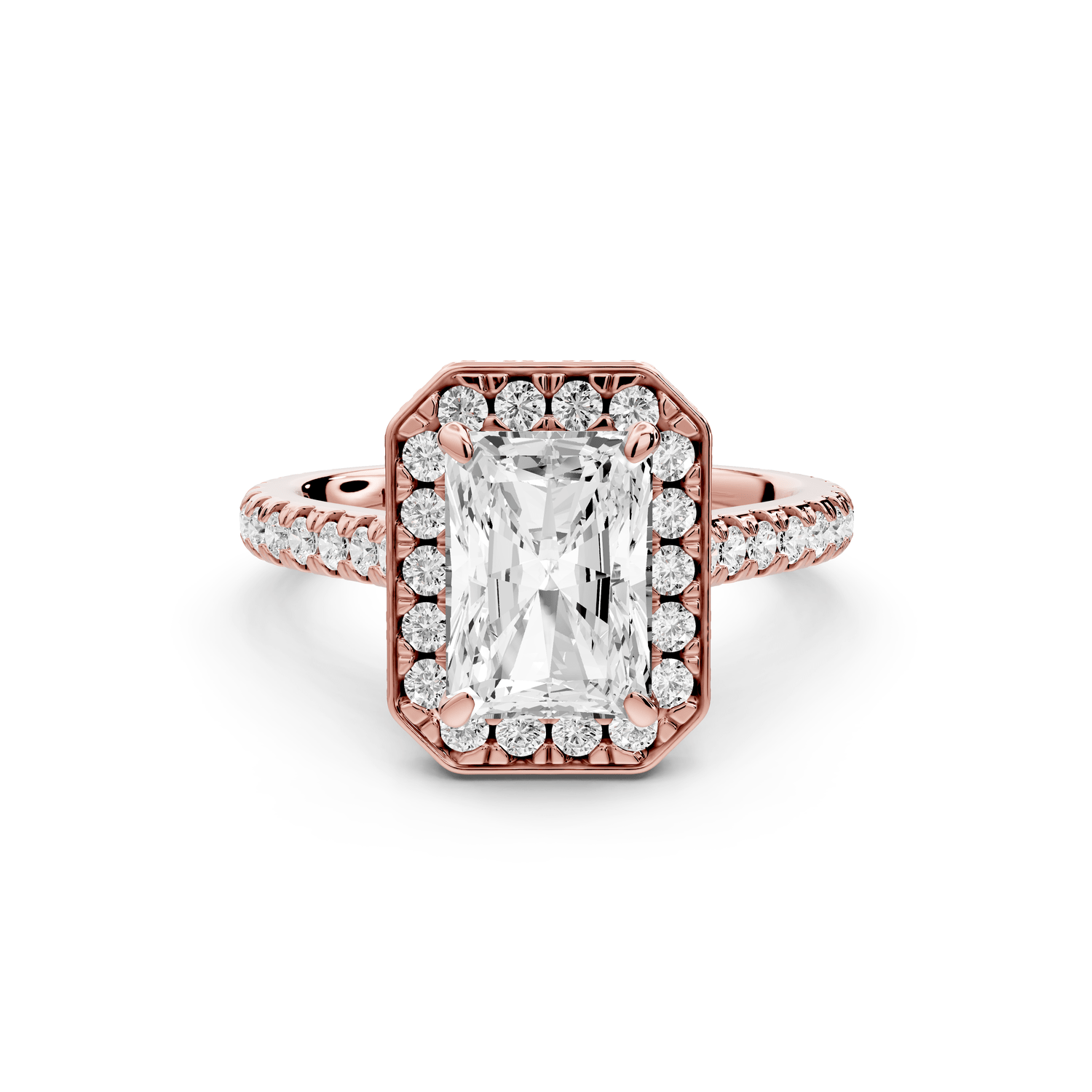 Beatrice - 2ct 14k rose gold radiant stone in rollover halo with diamond bridge and pavé engagement ring - Mr. Alex Jewelry