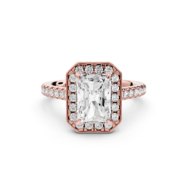Beatrice - 2ct 14k rose gold radiant stone in rollover halo with diamond bridge and pavé engagement ring - Mr. Alex Jewelry