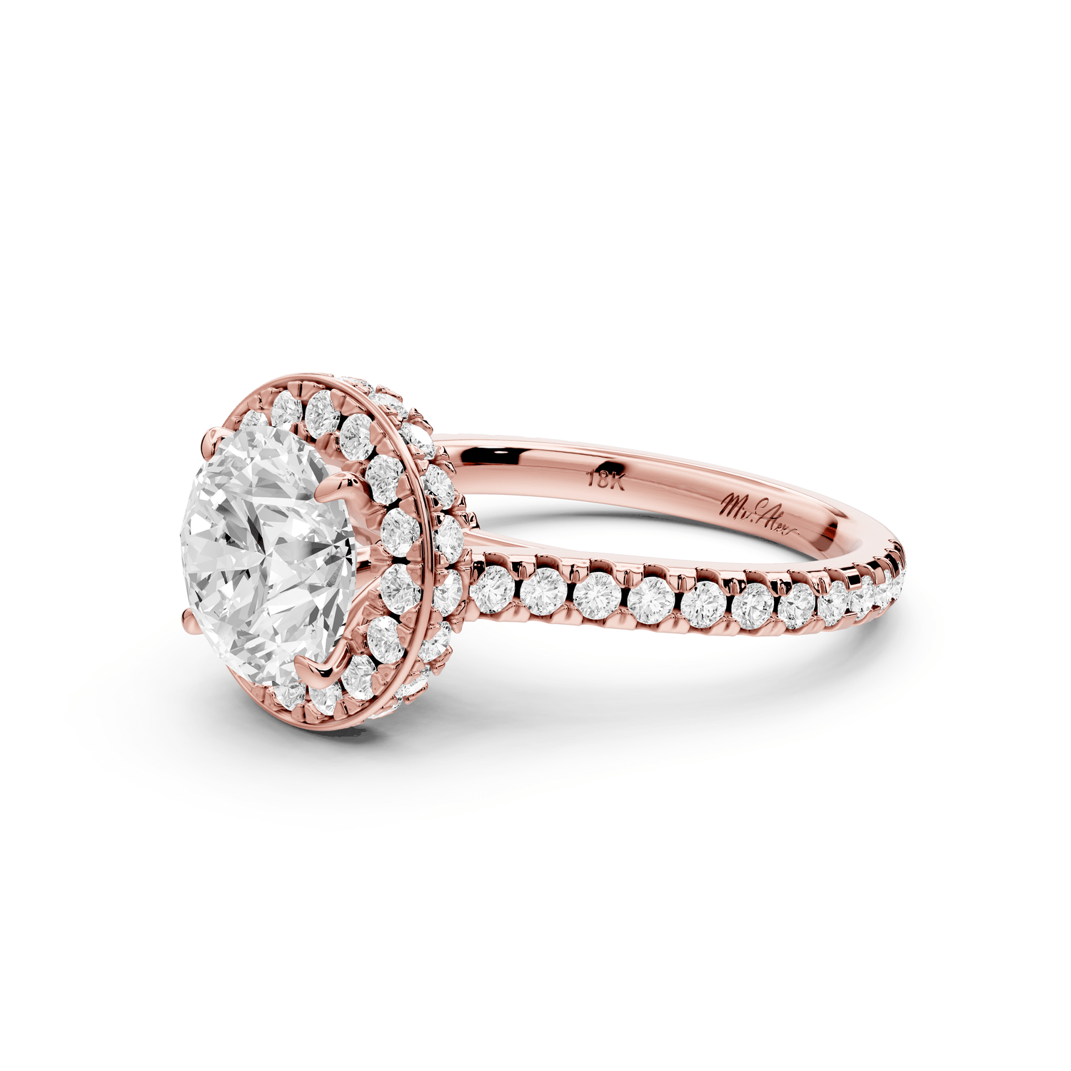 Beatrice - 2ct 14k rose gold round stone in rollover halo with diamond bridge and pavé engagement ring - Mr. Alex Jewelry