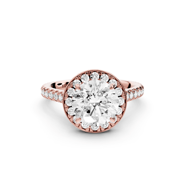 Beatrice - 2ct 14k rose gold round stone in rollover halo with diamond bridge and pavé engagement ring - Mr. Alex Jewelry