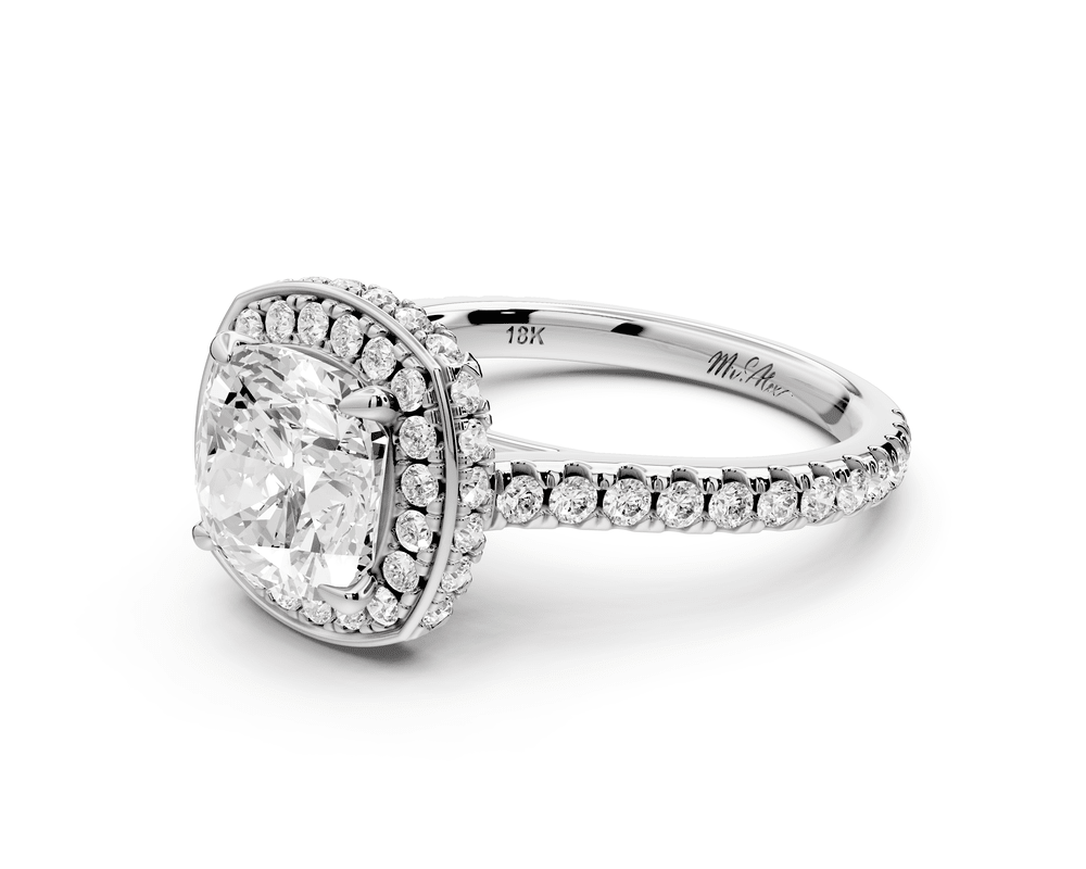 Beatrice - 2ct 14k white gold cushion stone in rollover halo with diamond bridge and pavé engagement ring - Mr. Alex Jewelry