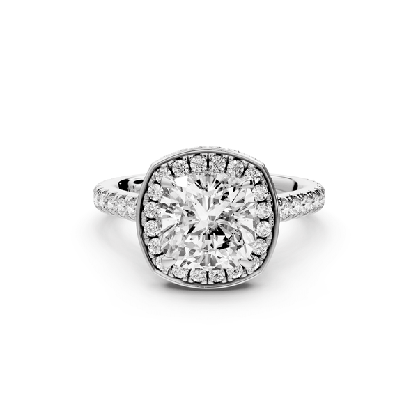 Beatrice - 2ct 14k white gold cushion stone in rollover halo with diamond bridge and pavé engagement ring - Mr. Alex Jewelry