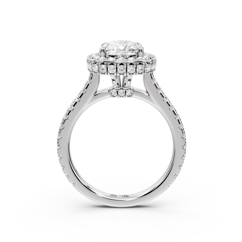 Beatrice - 2ct 14k white gold ecushion stone in rollover halo with diamond bridge and pavé engagement ring - Mr. Alex Jewelry