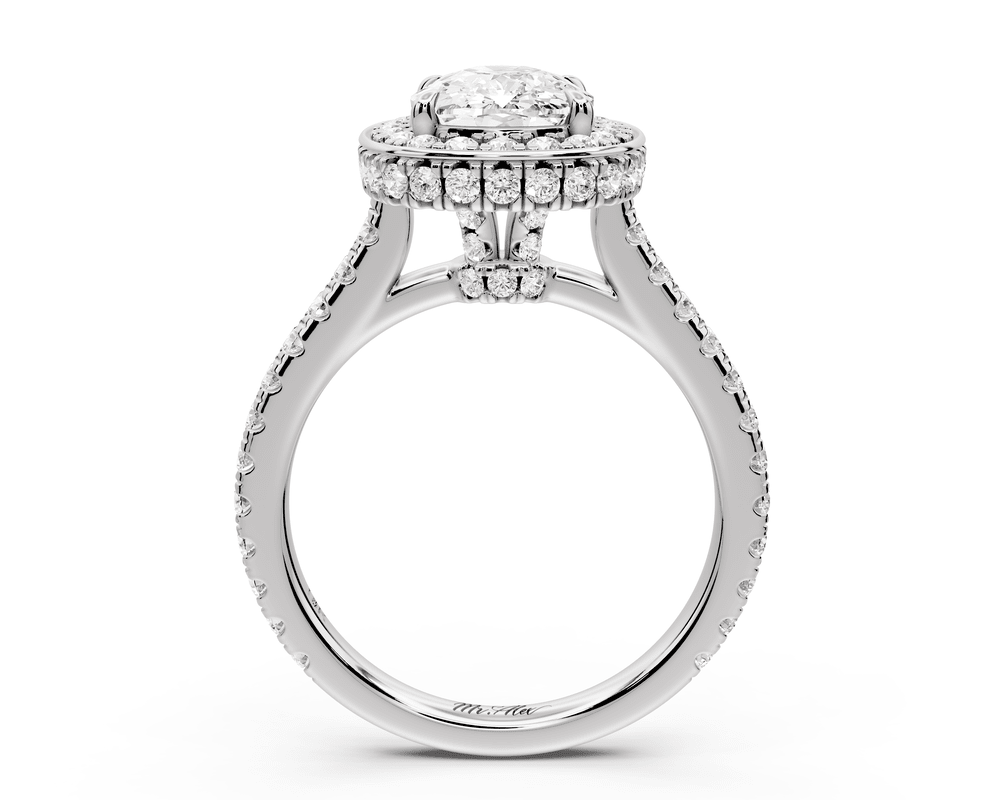 Beatrice - 2ct 14k white gold ecushion stone in rollover halo with diamond bridge and pavé engagement ring - Mr. Alex Jewelry