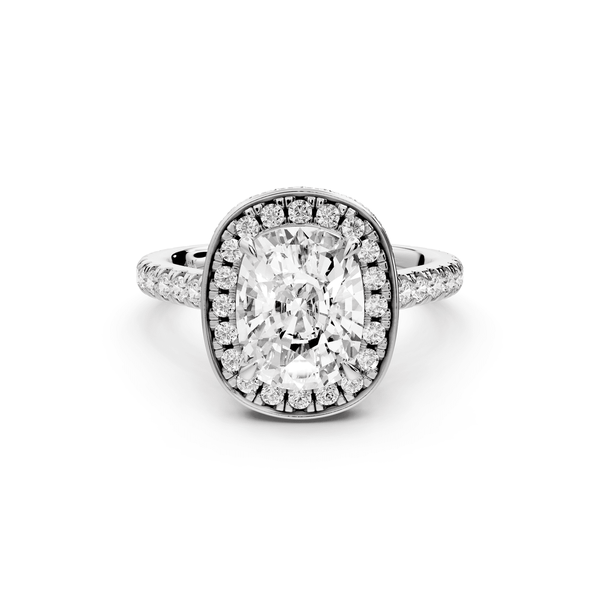 Beatrice - 2ct 14k white gold ecushion stone in rollover halo with diamond bridge and pavé engagement ring - Mr. Alex Jewelry