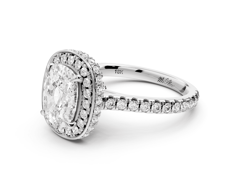 Beatrice - 2ct 14k white gold ecushion stone in rollover halo with diamond bridge and pavé engagement ring - Mr. Alex Jewelry