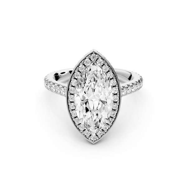 Beatrice - 2ct 14k white gold marquise stone in rollover halo with diamond bridge and pavé engagement ring - Mr. Alex Jewelry