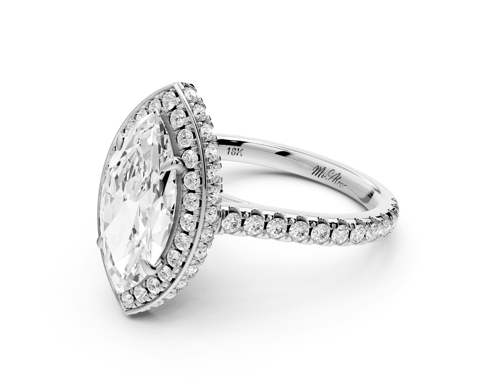 Beatrice - 2ct 14k white gold marquise stone in rollover halo with diamond bridge and pavé engagement ring - Mr. Alex Jewelry