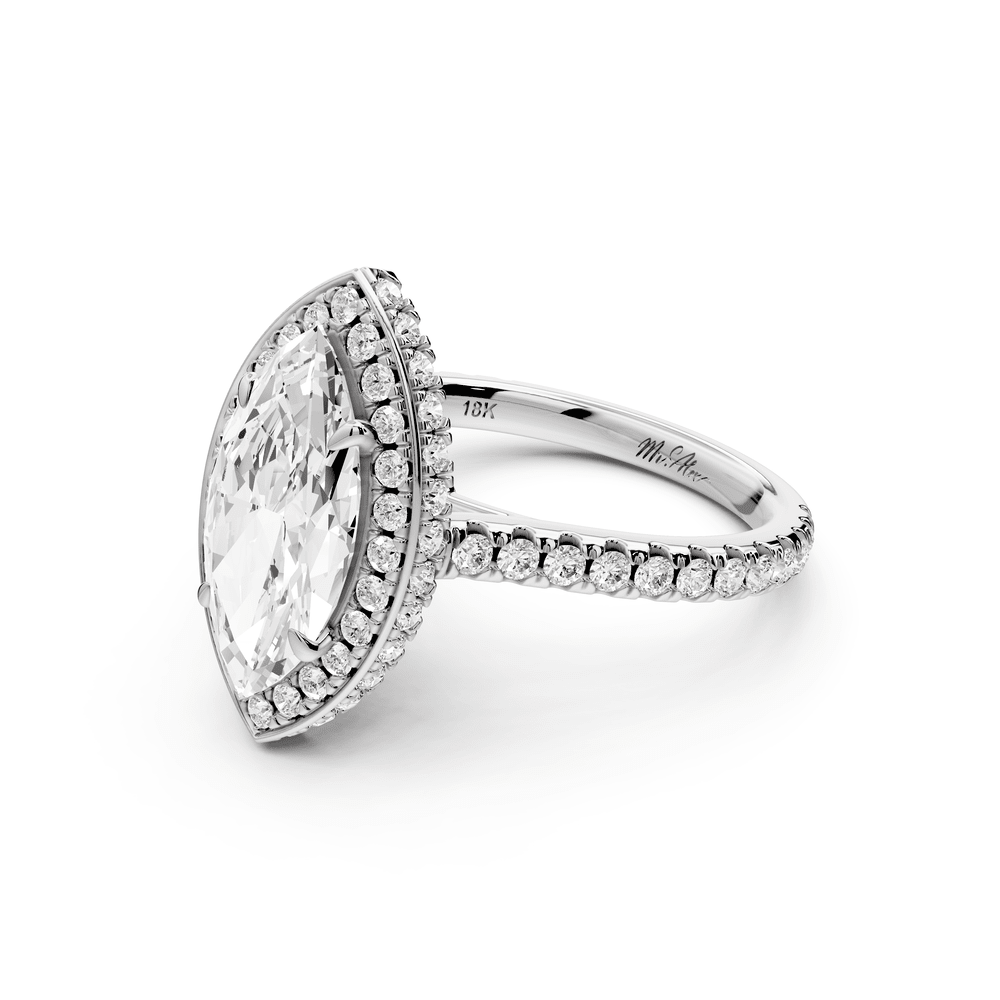 Beatrice - 2ct 14k white gold marquise stone in rollover halo with diamond bridge and pavé engagement ring - Mr. Alex Jewelry