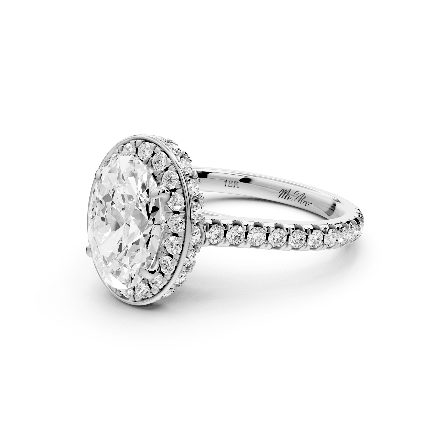 Beatrice - 2ct 14k white gold oval stone in rollover halo with diamond bridge and pavé engagement ring - Mr. Alex Jewelry