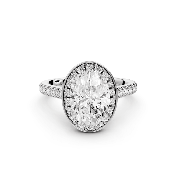 Beatrice - 2ct 14k white gold oval stone in rollover halo with diamond bridge and pavé engagement ring - Mr. Alex Jewelry