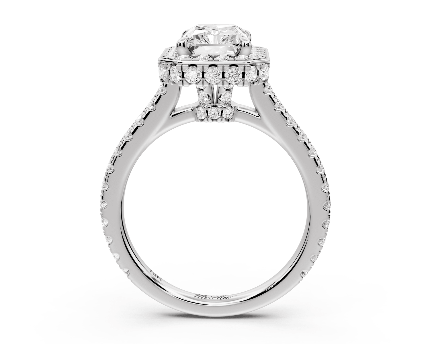 Beatrice - 2ct 14k white gold radiant stone in rollover halo with diamond bridge and pavé engagement ring - Mr. Alex Jewelry