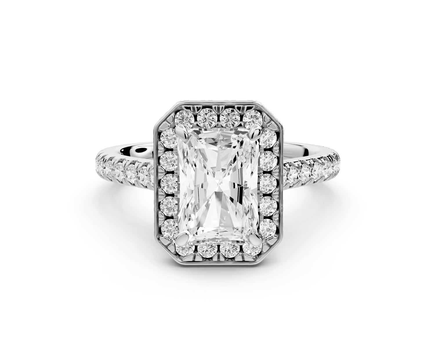 Beatrice - 2ct 14k white gold radiant stone in rollover halo with diamond bridge and pavé engagement ring - Mr. Alex Jewelry