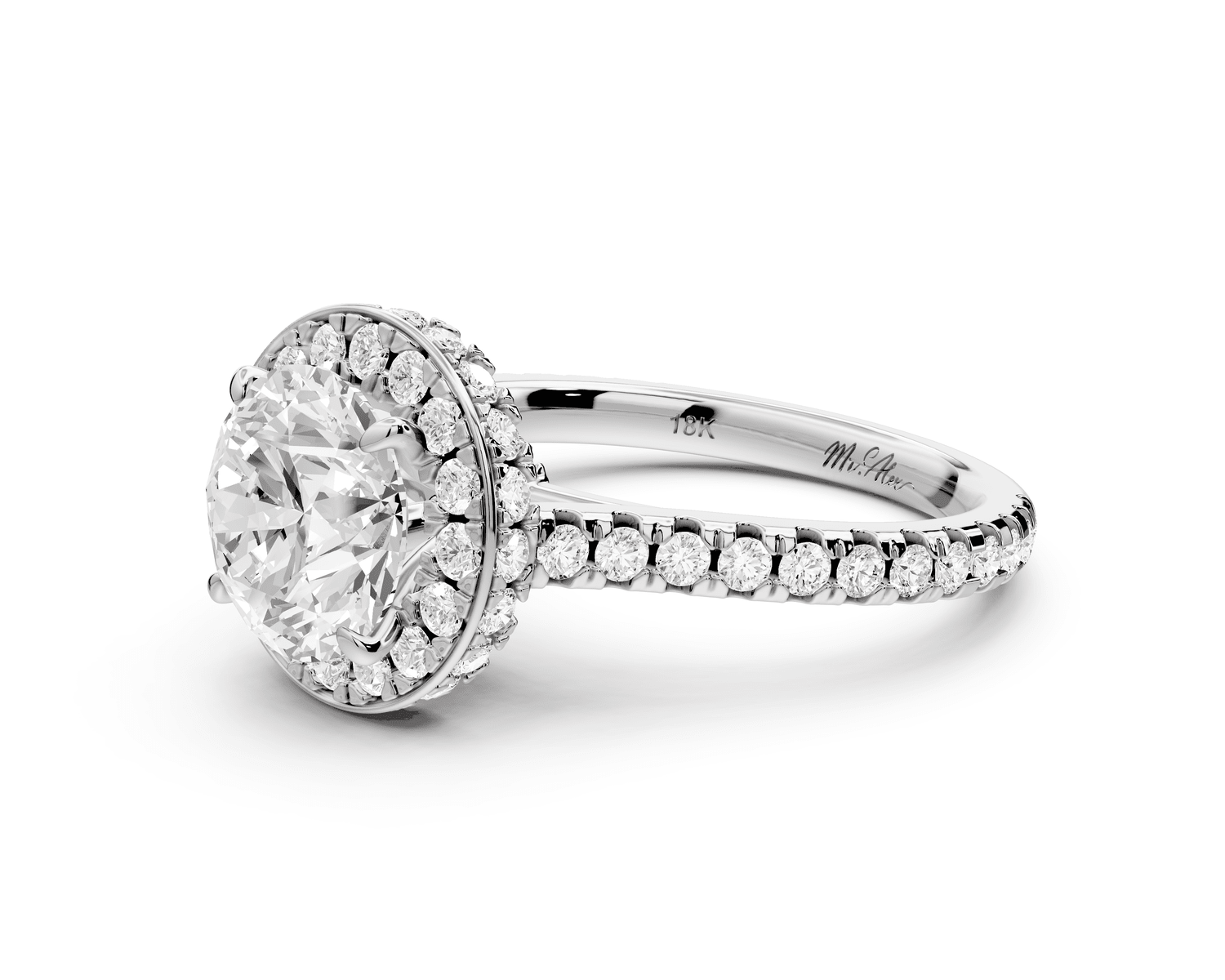 Beatrice - 2ct 14k white gold round stone in rollover halo with diamond bridge and pavé engagement ring - Mr. Alex Jewelry