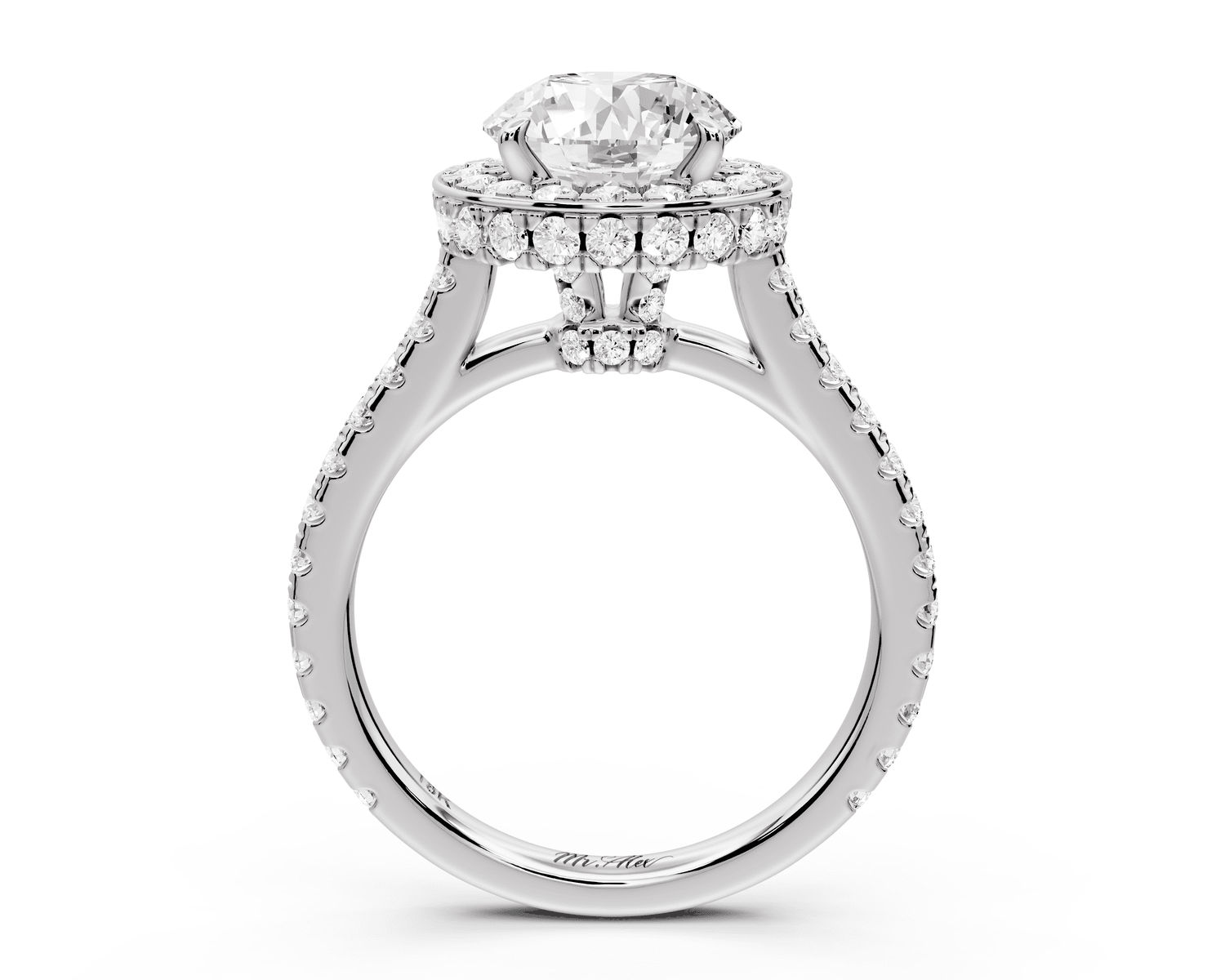 Beatrice - 2ct 14k white gold round stone in rollover halo with diamond bridge and pavé engagement ring - Mr. Alex Jewelry