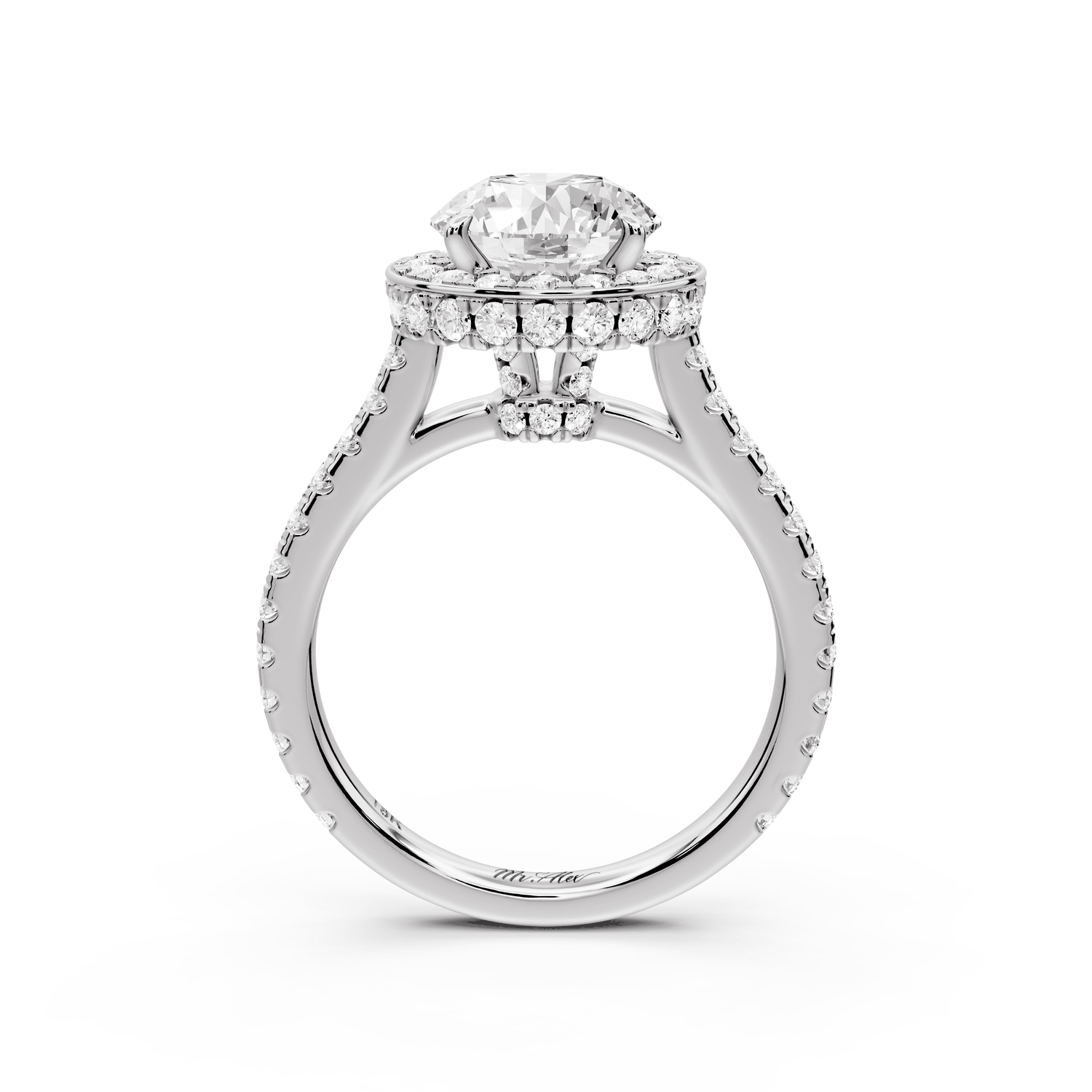 Beatrice - 2ct 14k white gold round stone in rollover halo with diamond bridge and pavé engagement ring - Mr. Alex Jewelry