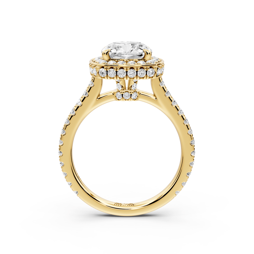 Beatrice - 2ct 14k yellow gold cushion stone in rollover halo with diamond bridge and pavé engagement ring - Mr. Alex Jewelry