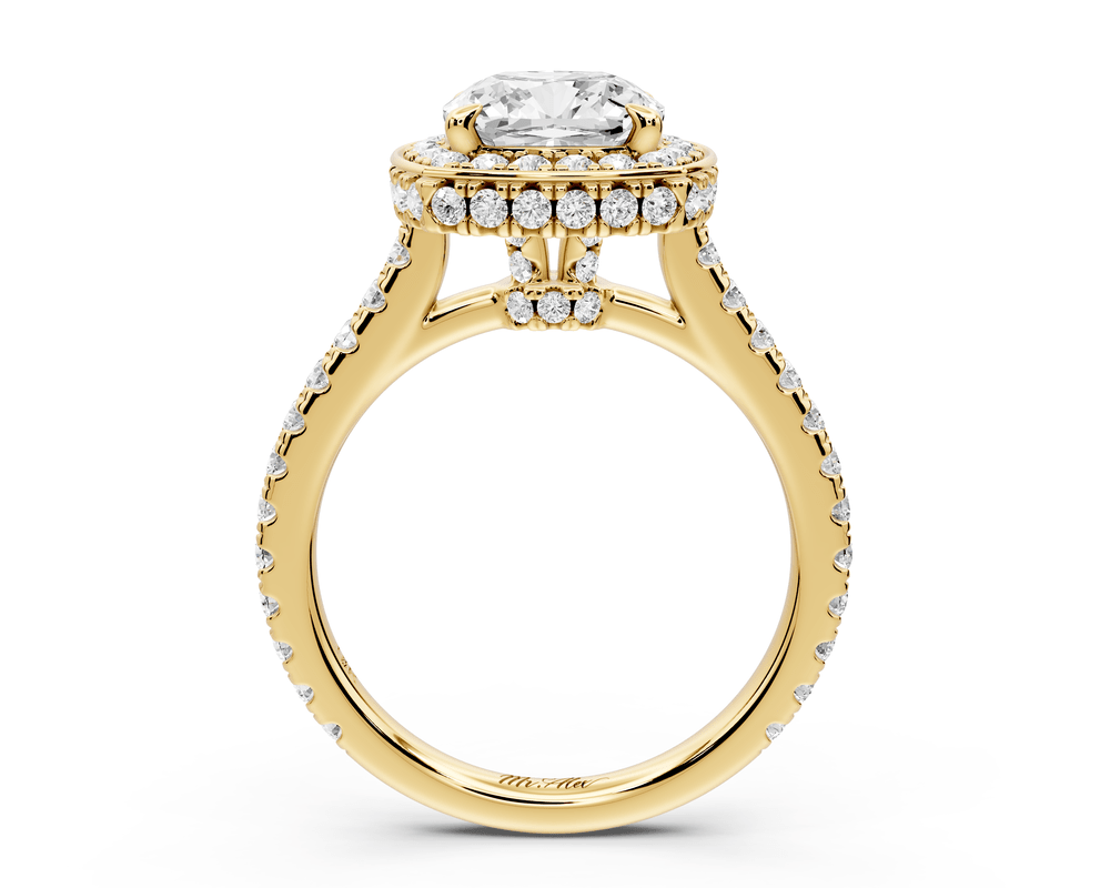 Beatrice - 2ct 14k yellow gold cushion stone in rollover halo with diamond bridge and pavé engagement ring - Mr. Alex Jewelry