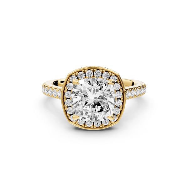 Beatrice - 2ct 14k yellow gold cushion stone in rollover halo with diamond bridge and pavé engagement ring - Mr. Alex Jewelry