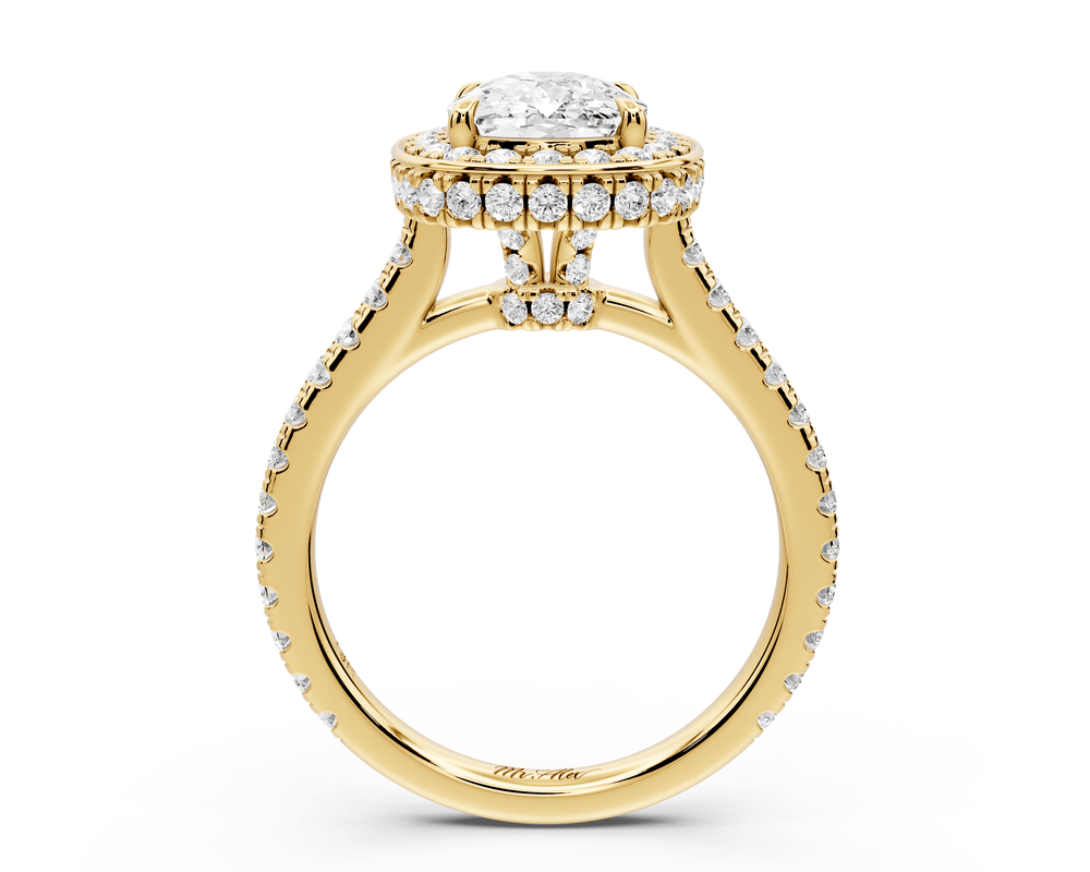 Beatrice - 2ct 14k yellow gold ecushion stone in rollover halo with diamond bridge and pavé engagement ring - Mr. Alex Jewelry