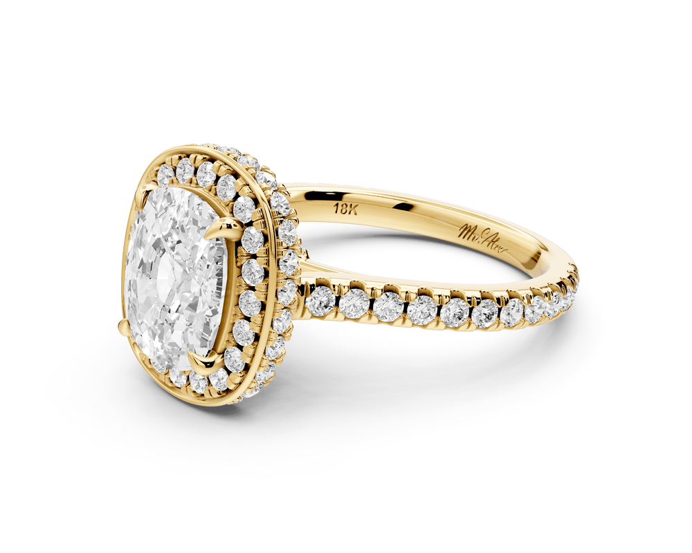 Beatrice - 2ct 14k yellow gold ecushion stone in rollover halo with diamond bridge and pavé engagement ring - Mr. Alex Jewelry