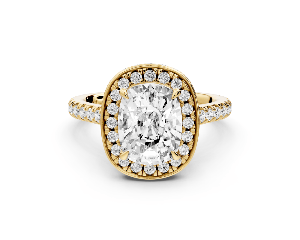 Beatrice - 2ct 14k yellow gold ecushion stone in rollover halo with diamond bridge and pavé engagement ring - Mr. Alex Jewelry