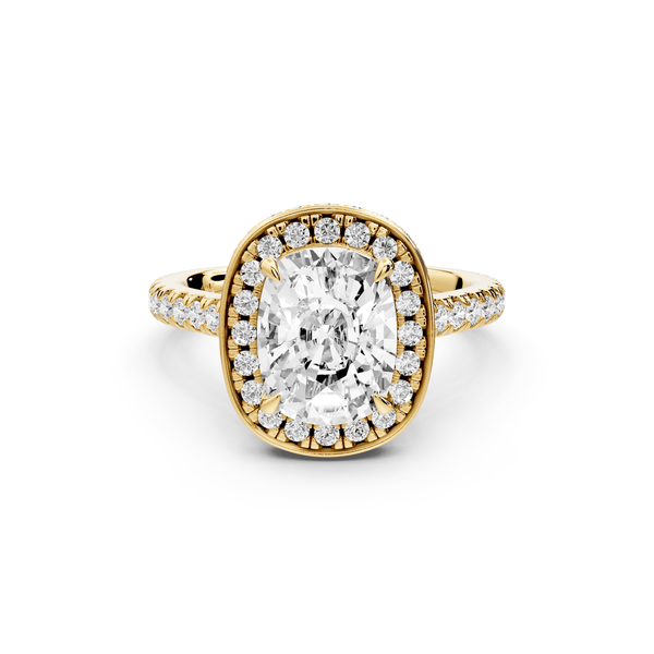 Beatrice - 2ct 14k yellow gold ecushion stone in rollover halo with diamond bridge and pavé engagement ring - Mr. Alex Jewelry