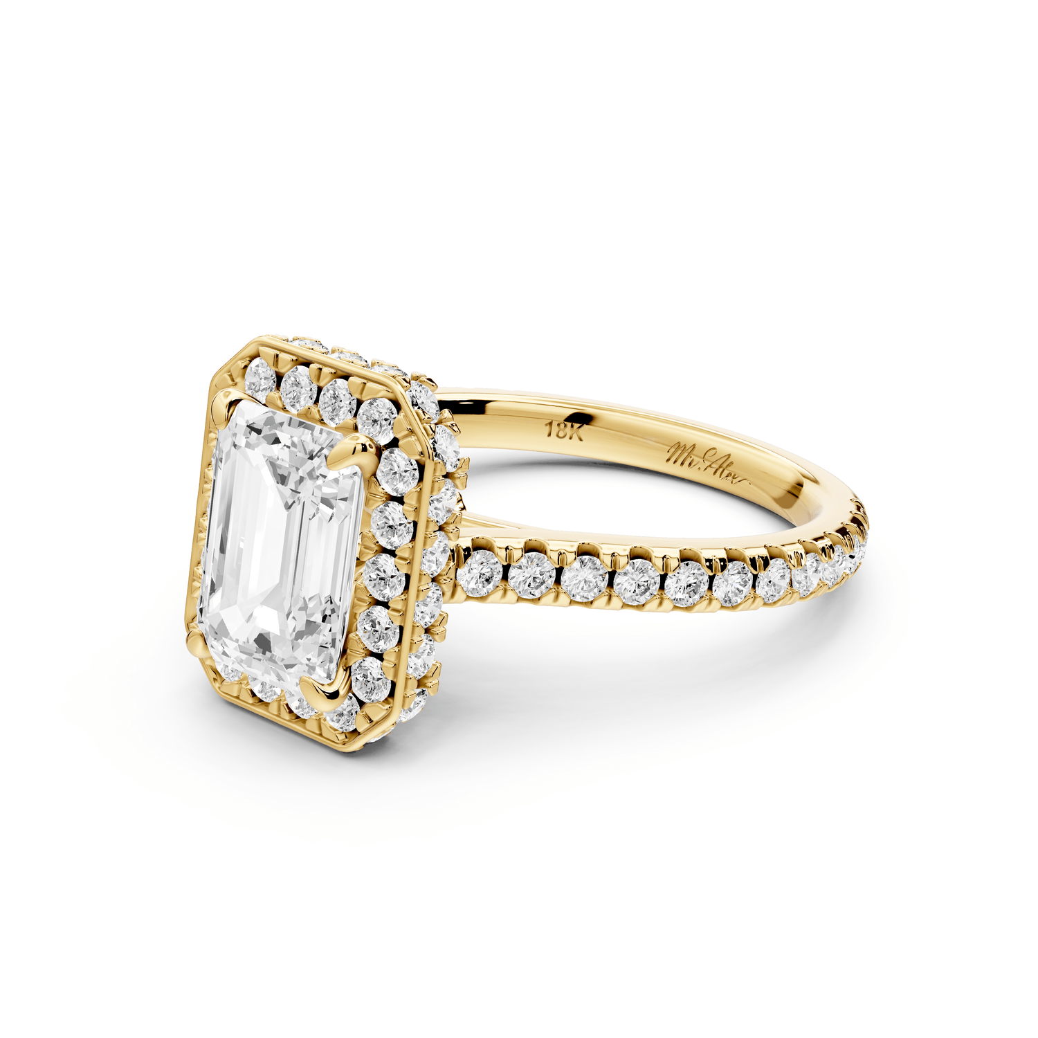 Beatrice - 2ct 14k yellow gold emerald stone in rollover halo with diamond bridge and pavé engagement ring - Mr. Alex Jewelry
