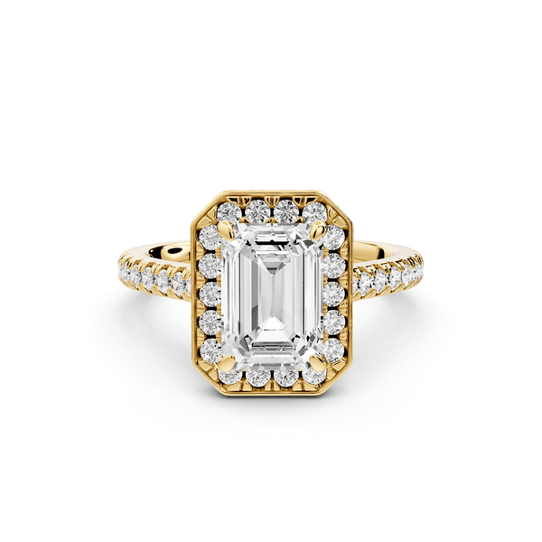 Beatrice - 2ct 14k yellow gold emerald stone in rollover halo with diamond bridge and pavé engagement ring - Mr. Alex Jewelry