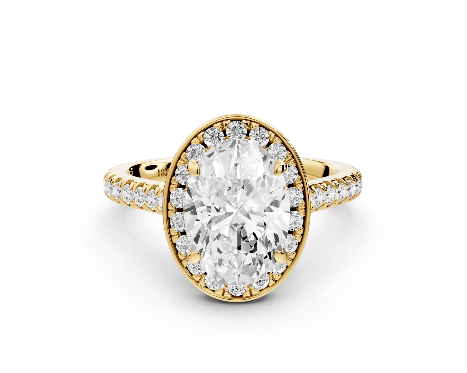 Beatrice - 2ct 14k yellow gold oval stone in rollover halo with diamond bridge and pavé engagement ring - Mr. Alex Jewelry